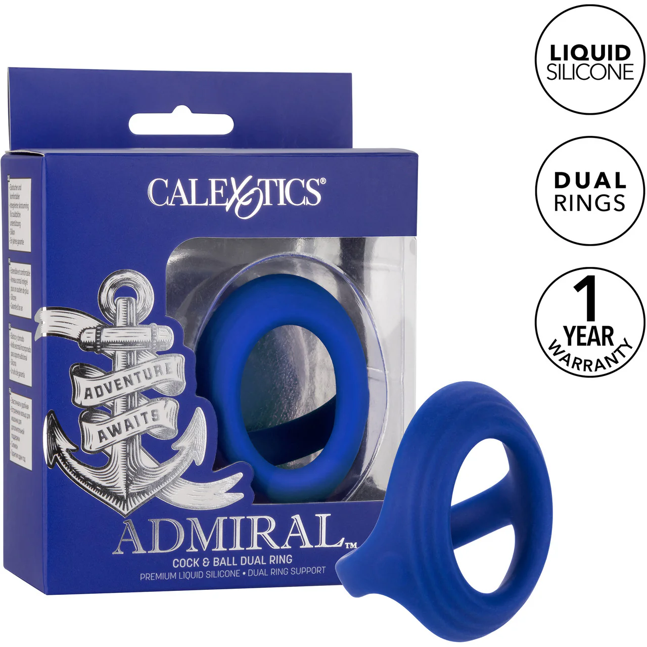 Admiral Cock & Ball Silicone Dual Cock Ring By CalExotics - Blue - Image 13