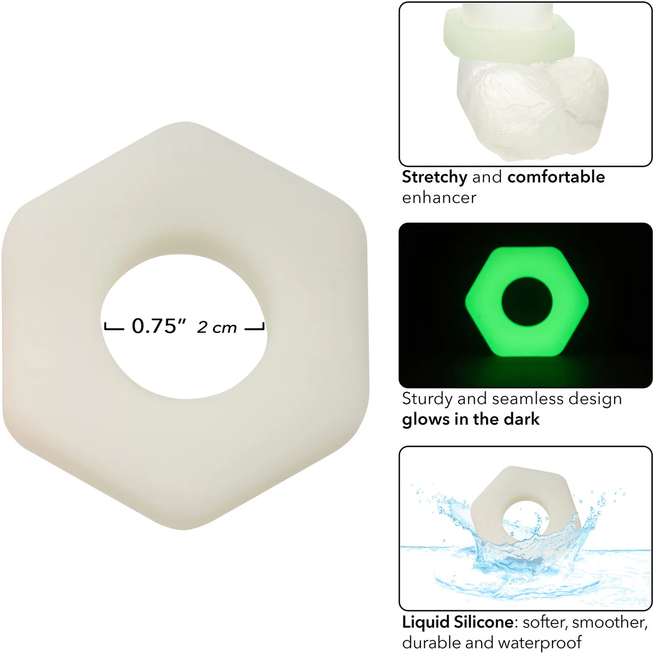 Alpha Glow In The Dark Liquid Silicone Prolong Medium Sexagon Cock Ring By CalExotics - White - Image 5