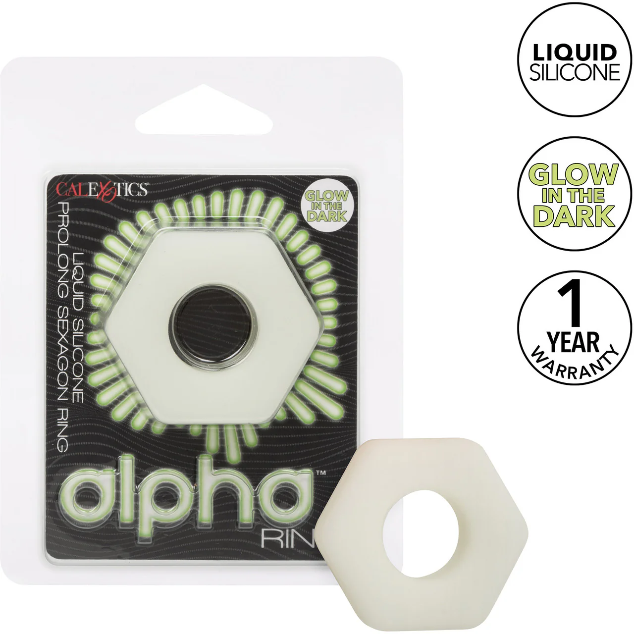 Alpha Glow In The Dark Liquid Silicone Prolong Medium Sexagon Cock Ring By CalExotics - White - Image 6