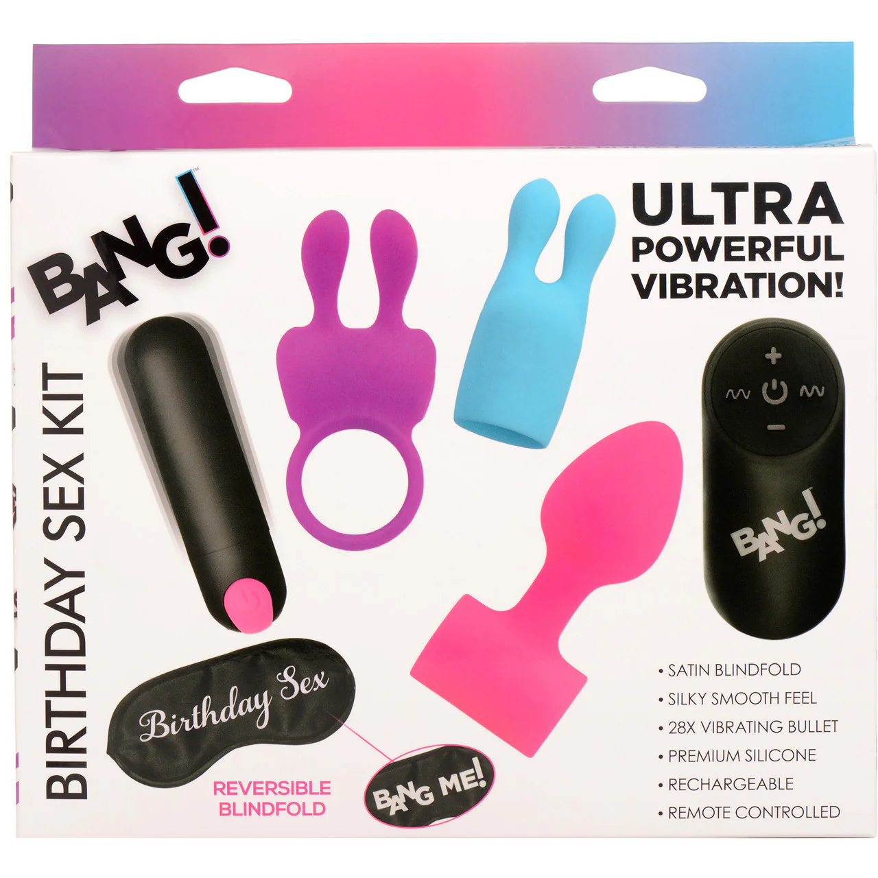 BANG! Birthday Sex Kit With Remote Control Bullet Vibrator, 3 Silicone Attachments & Blindfold - Image 12