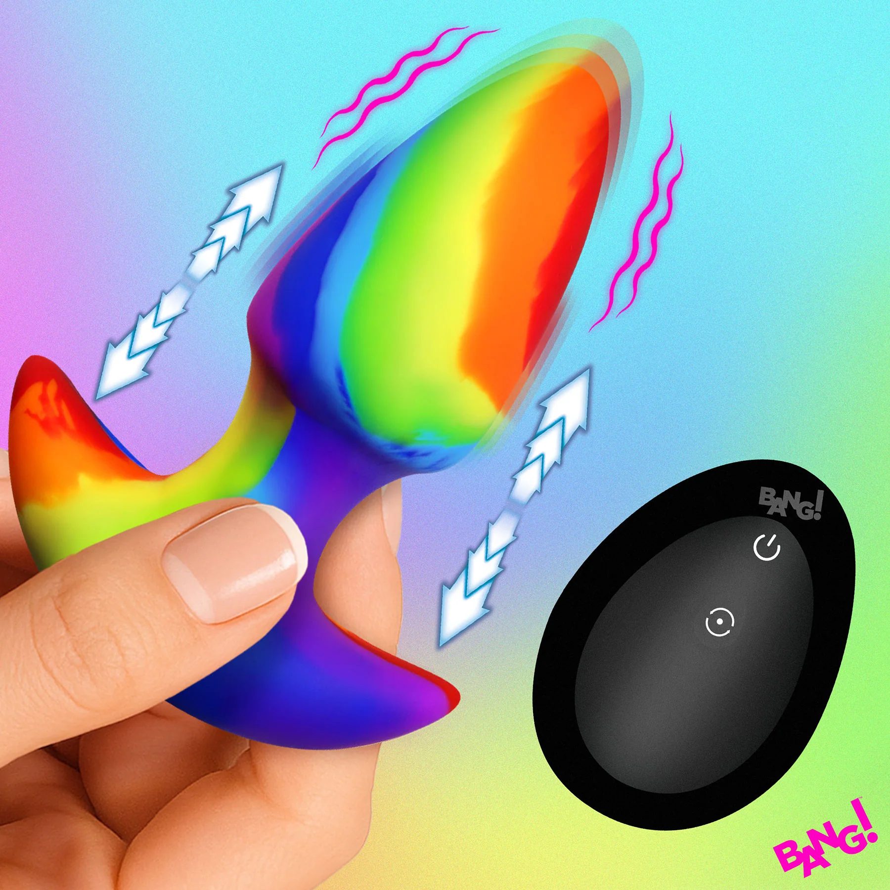 BANG! Rainbow Thrusting & Vibrating Silicone Butt Plug With Remote - Image 4