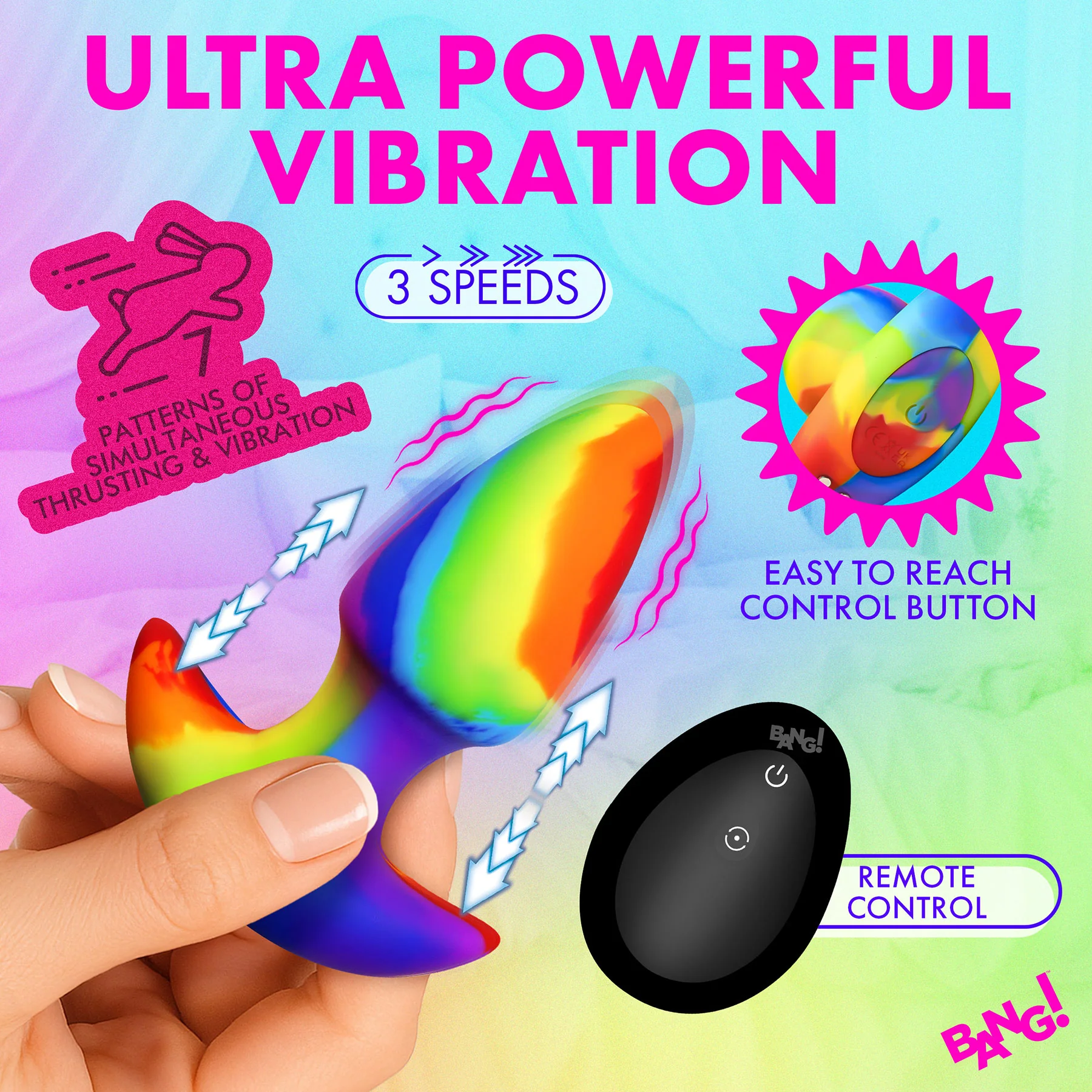 BANG! Rainbow Thrusting & Vibrating Silicone Butt Plug With Remote - Image 5