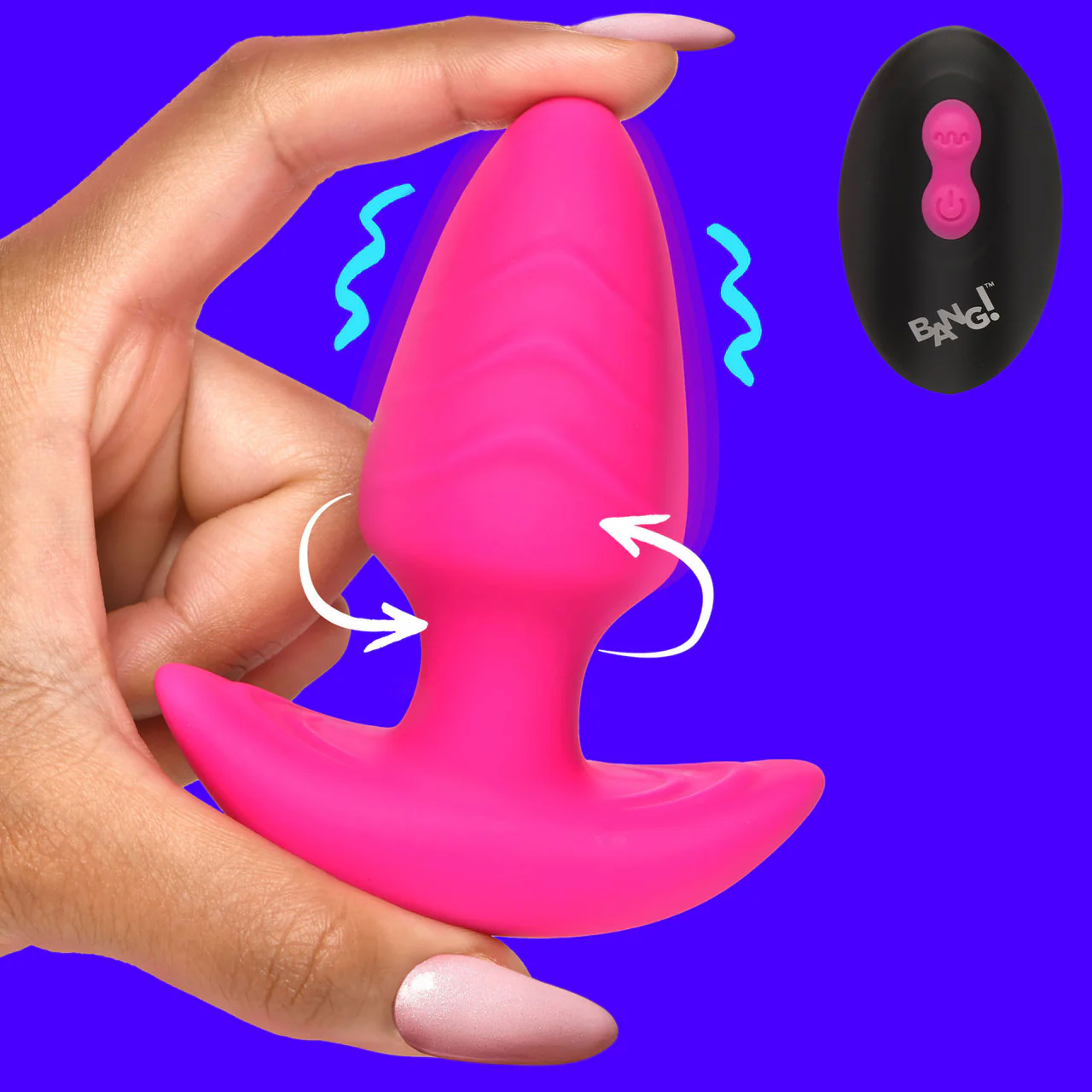 BANG! Rechargeable Rotating & Vibrating Silicone Butt Plug With Remote - Pink - Image 11