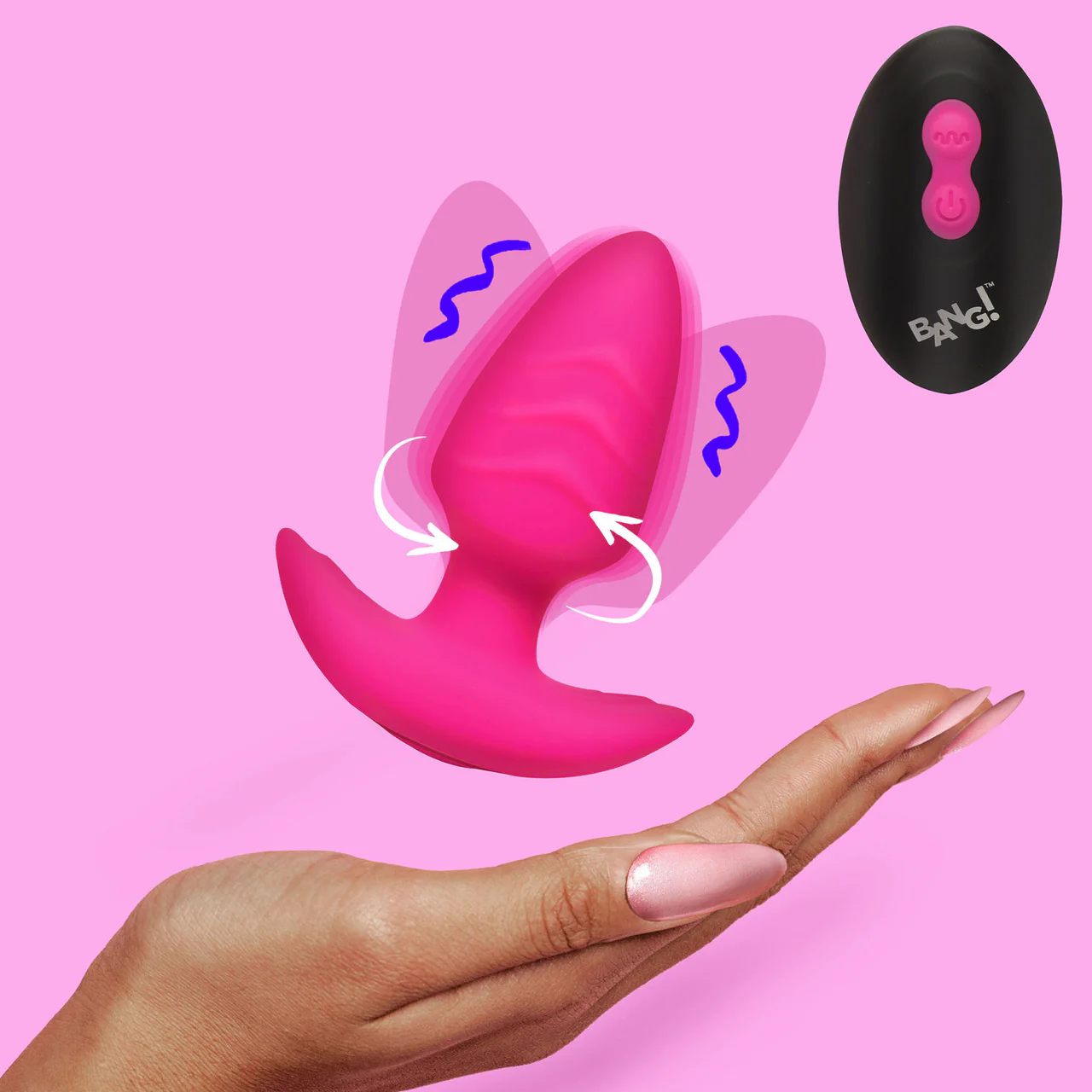 BANG! Rechargeable Rotating & Vibrating Silicone Butt Plug With Remote - Pink - Image 12