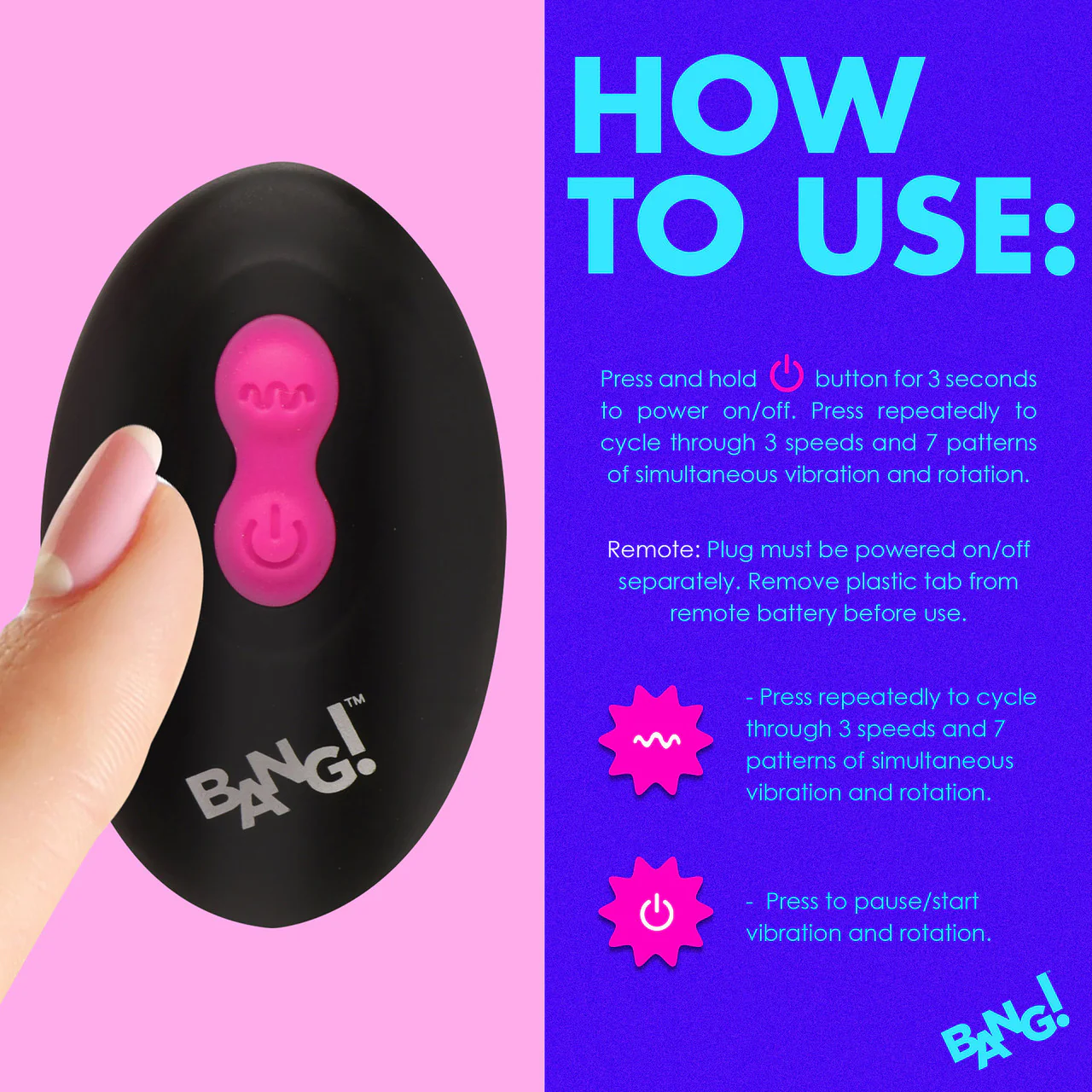 BANG! Rechargeable Rotating & Vibrating Silicone Butt Plug With Remote - Pink - Image 15