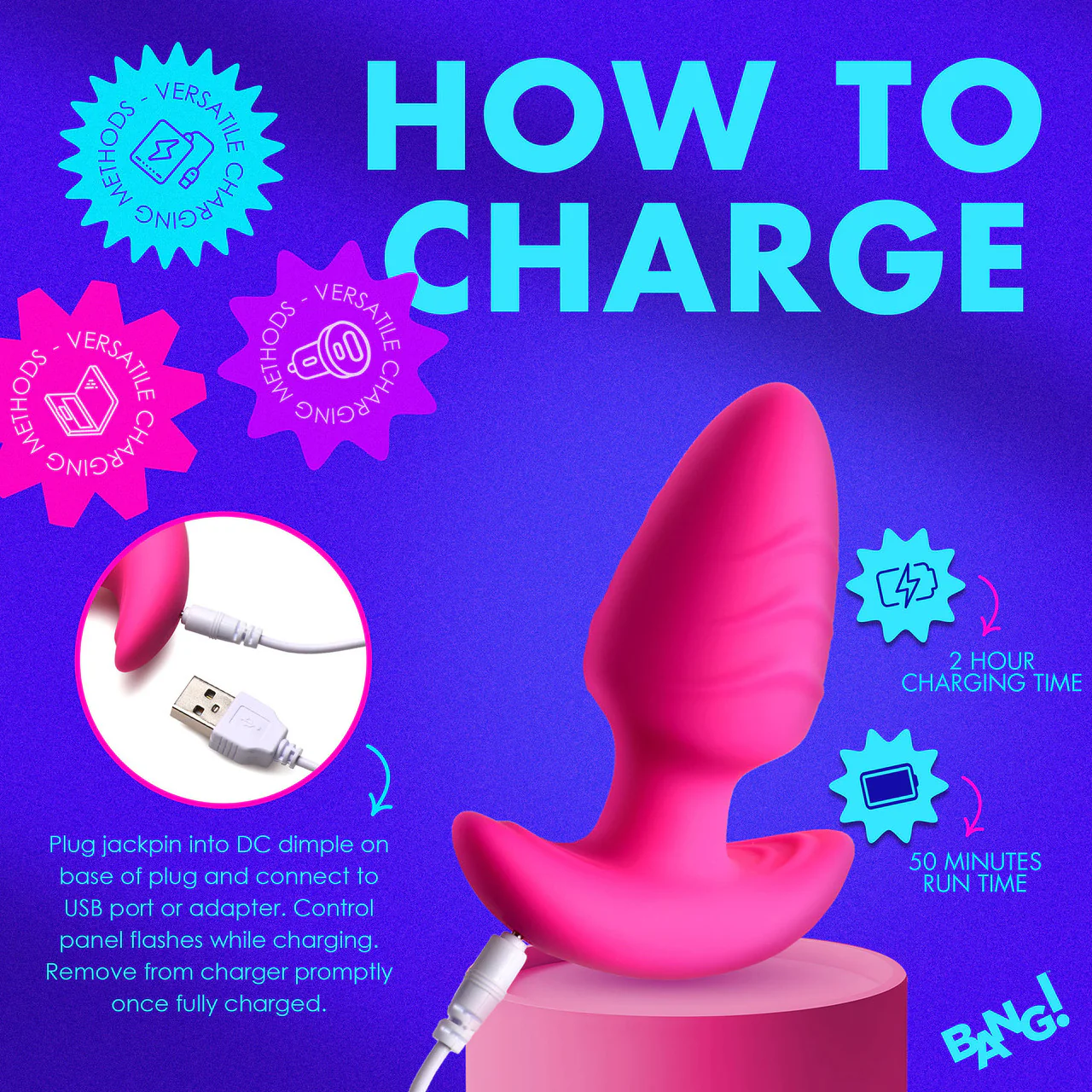 BANG! Rechargeable Rotating & Vibrating Silicone Butt Plug With Remote - Pink - Image 16