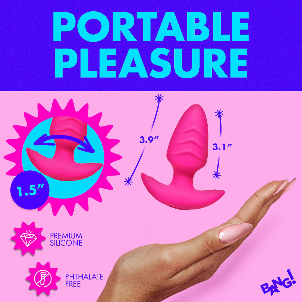 BANG! Rechargeable Rotating & Vibrating Silicone Butt Plug With Remote - Pink - Image 17