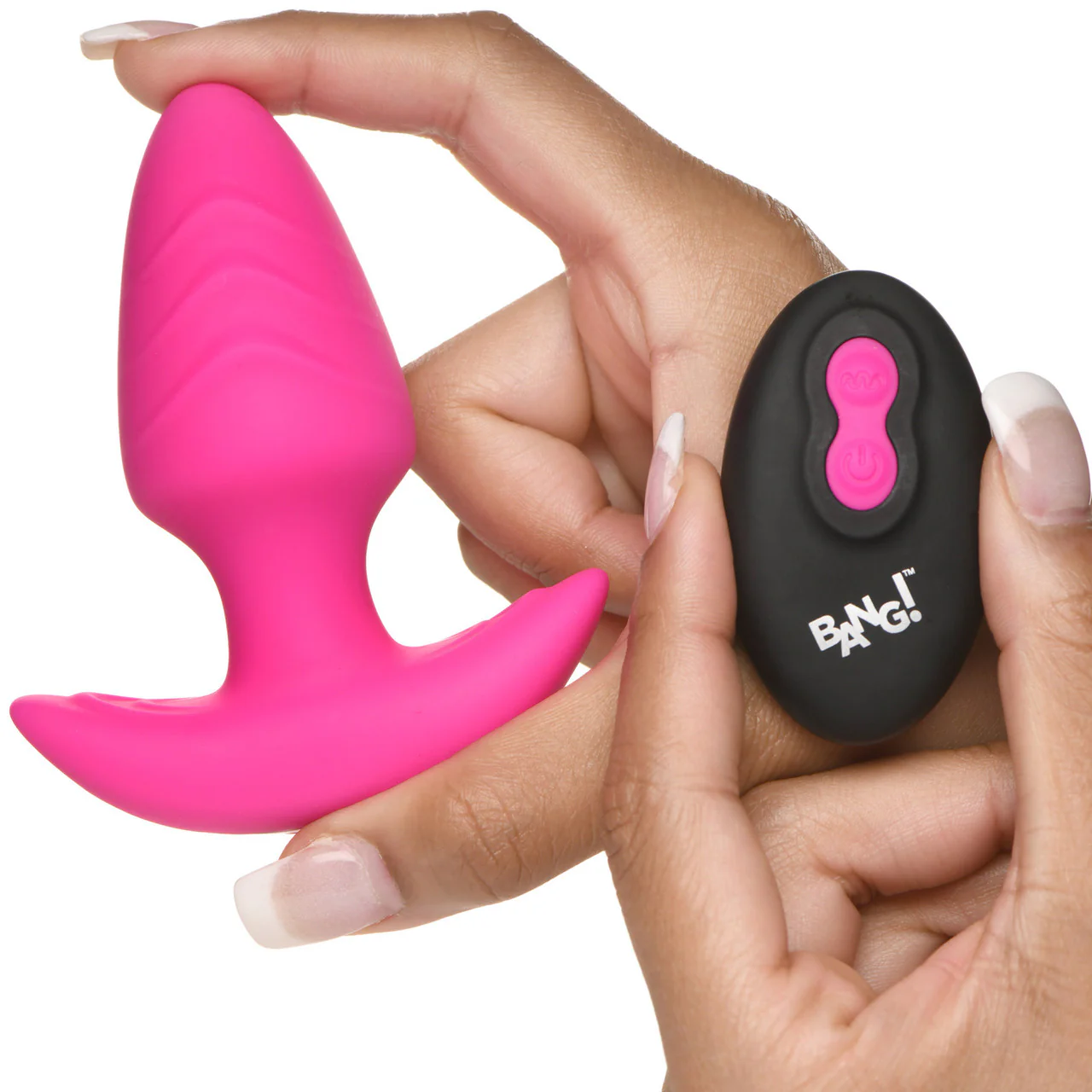 BANG! Rechargeable Rotating & Vibrating Silicone Butt Plug With Remote - Pink - Image 6