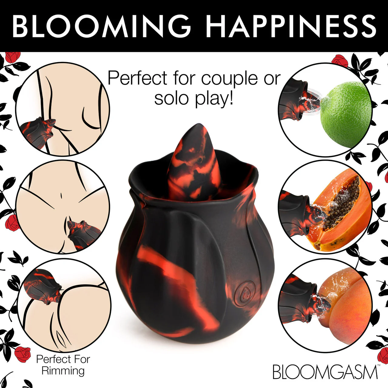 Bloomgasm Black Kiss Rimming Rose Rechargeable Flickering Tongue Vibrator - Black & Red - Image 11