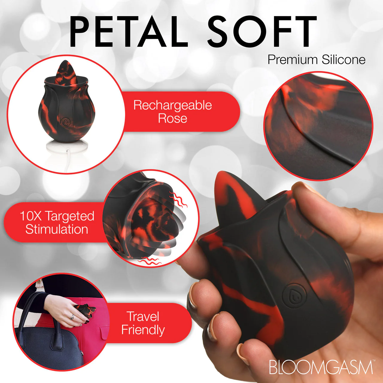 Bloomgasm Black Kiss Rimming Rose Rechargeable Flickering Tongue Vibrator - Black & Red - Image 12