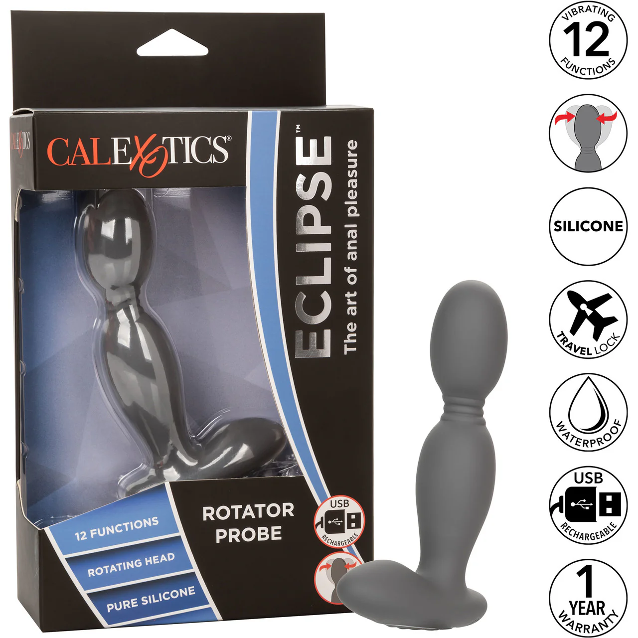 Eclipse Silicone Rotator Vibrating Rechargeable Anal Probe By CalExotics - Grey - Image 11