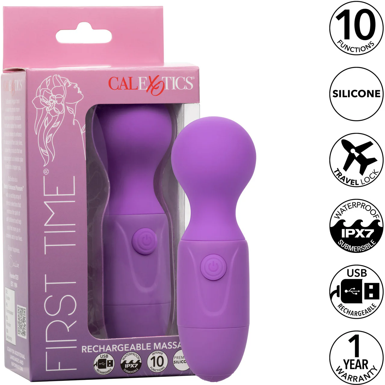 First Time® Rechargeable Massager Waterproof Silicone Mini Wand Vibrator By CalExotics - Purple - Image 9