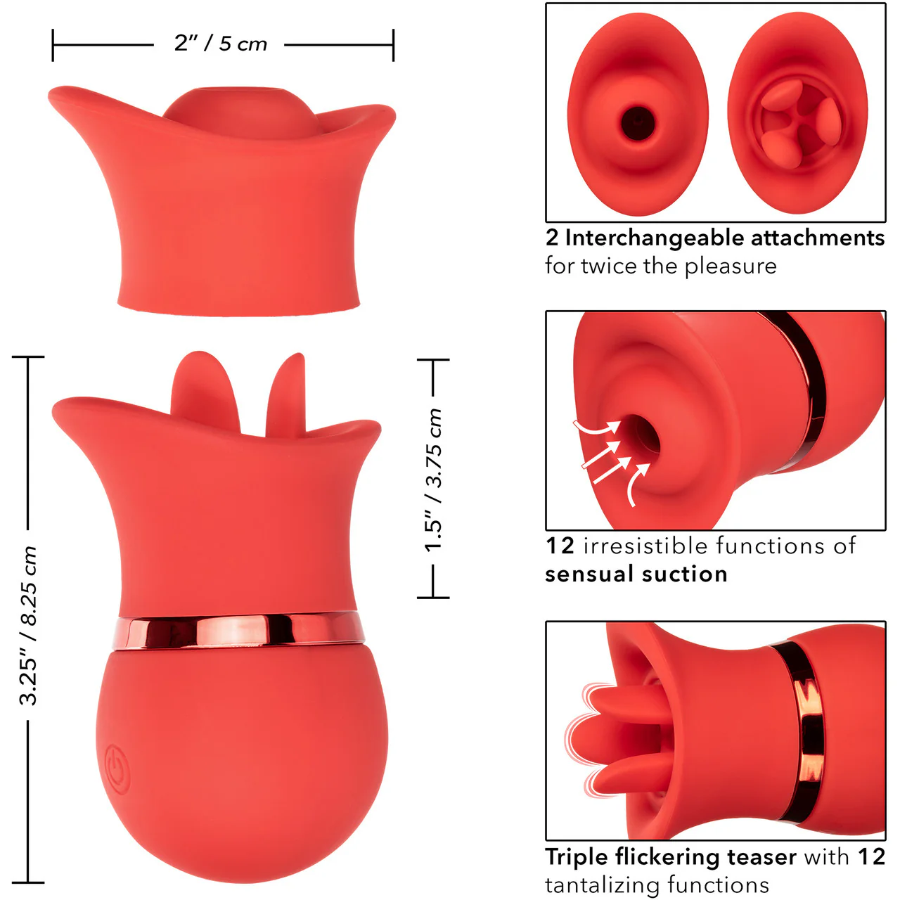 French Kiss Suck & Play Rechargeable Waterproof Silicone Interchangeable Set By CalExotics - Red - Image 14