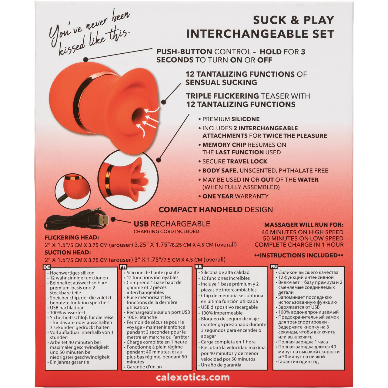 French Kiss Suck & Play Rechargeable Waterproof Silicone Interchangeable Set By CalExotics - Red - Image 17