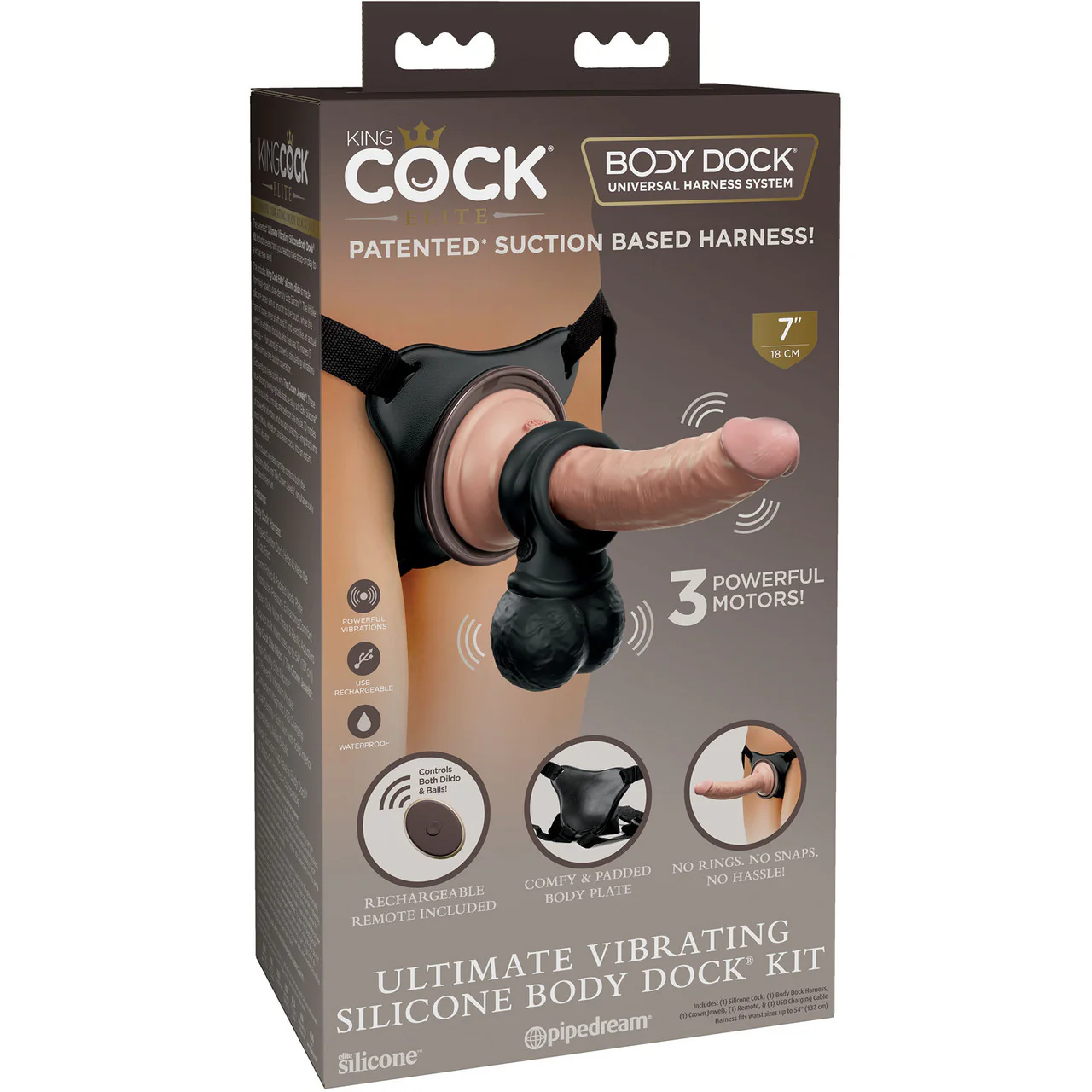 King Cock Elite Ultimate Vibrating Body Dock Strap-On Kit With Swinging Crown Jewels & Silicone 7 Inch Dildo - Vanilla - Image 13