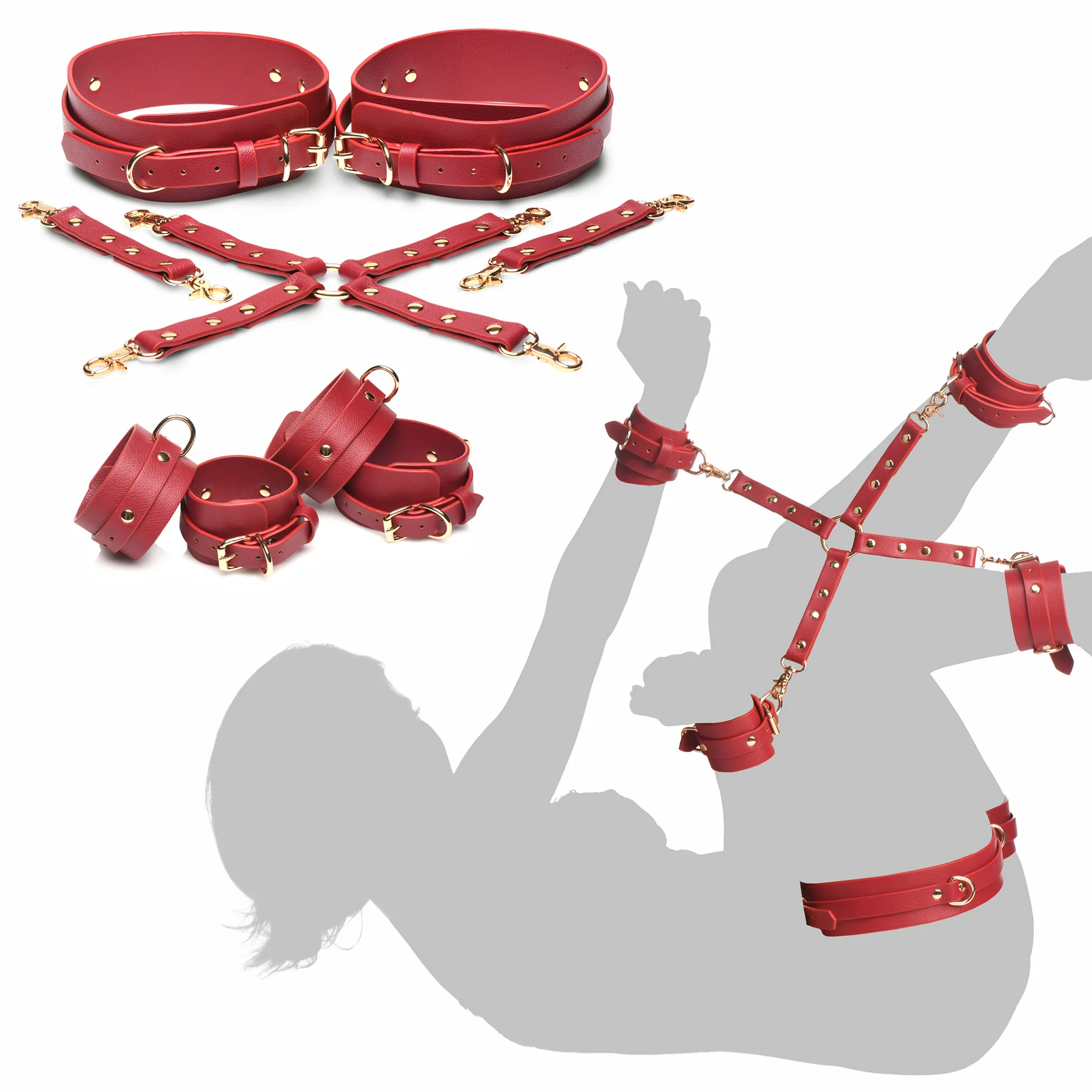 Master Series Crimson Captive Thigh, Wrist & Ankle Hog Tie Restraints - Red - Image 16