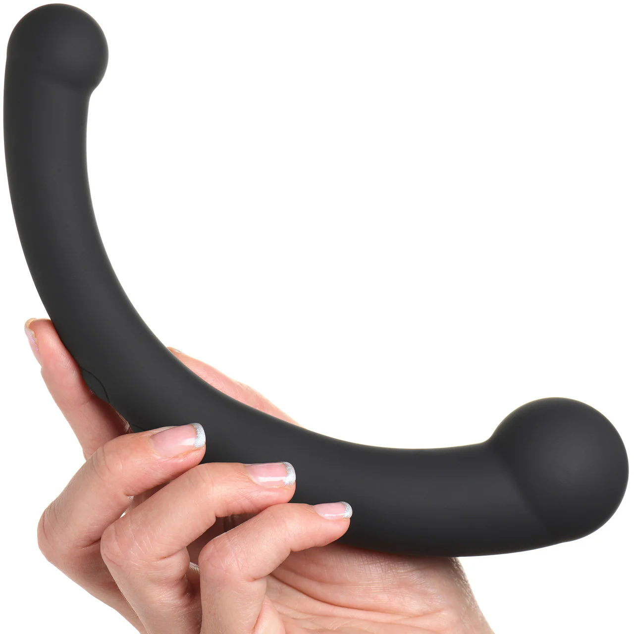 Master Series Vibra-Crescent Rechargeable Silicone Vibrating Dual Ended Dildo - Black - Image 2