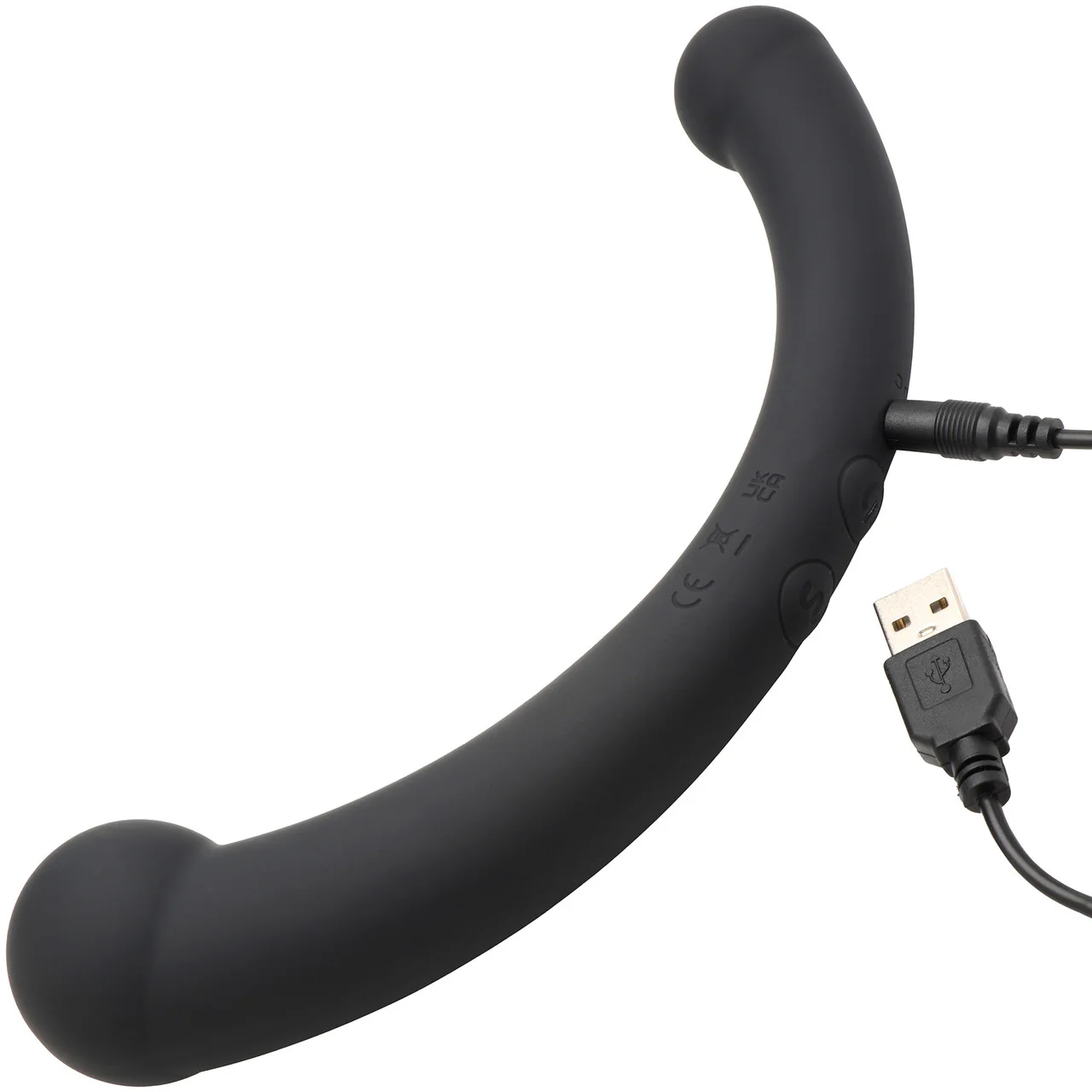 Master Series Vibra-Crescent Rechargeable Silicone Vibrating Dual Ended Dildo - Black - Image 6