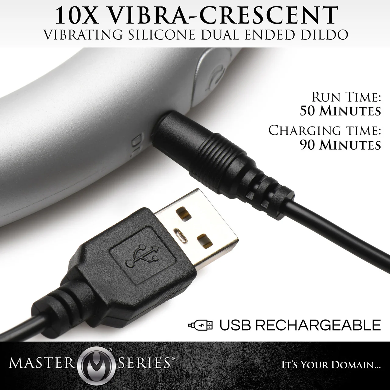 Master Series Vibra-Crescent Rechargeable Silicone Vibrating Dual Ended Dildo - Silver - Image 7