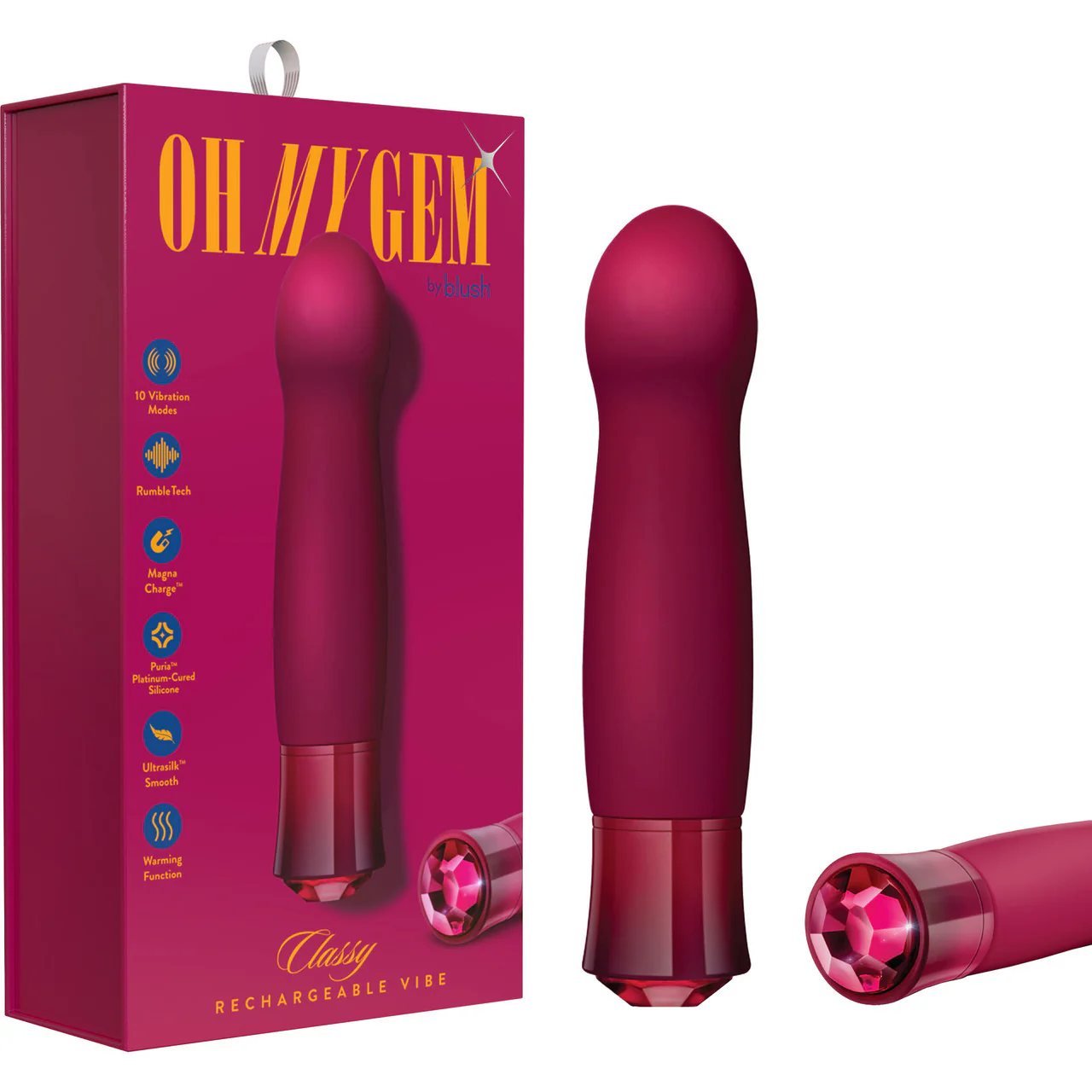 Oh My Gem Classy Rechargeable Silicone Warming G-Spot Vibrator By Blush - Garnet Red - Image 7