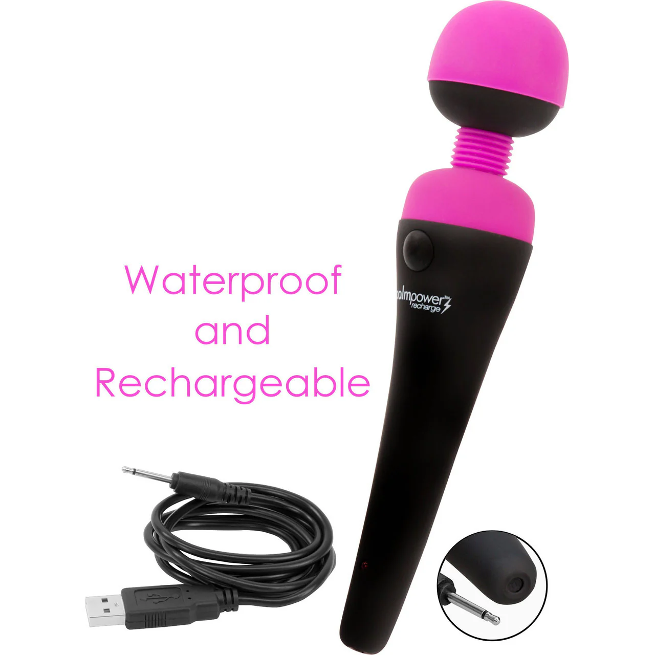 PalmPower Recharge Waterproof Wand Massager With Removable Silicone Cap - Fuschia - Image 6