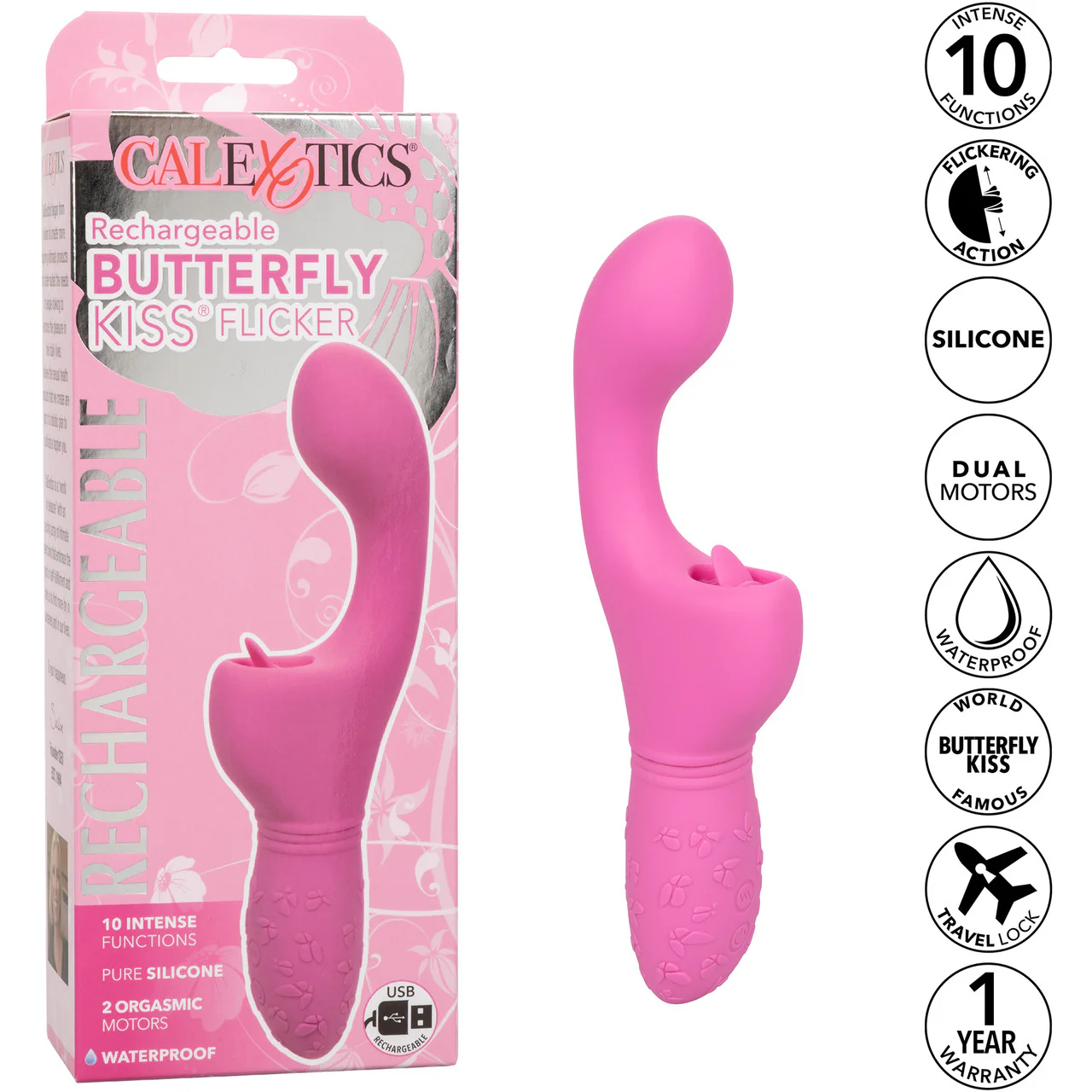 Rechargeable Butterfly Kiss Silicone Flicker Dual Stimulation Vibrator By CalExotics - Pink - Image 12