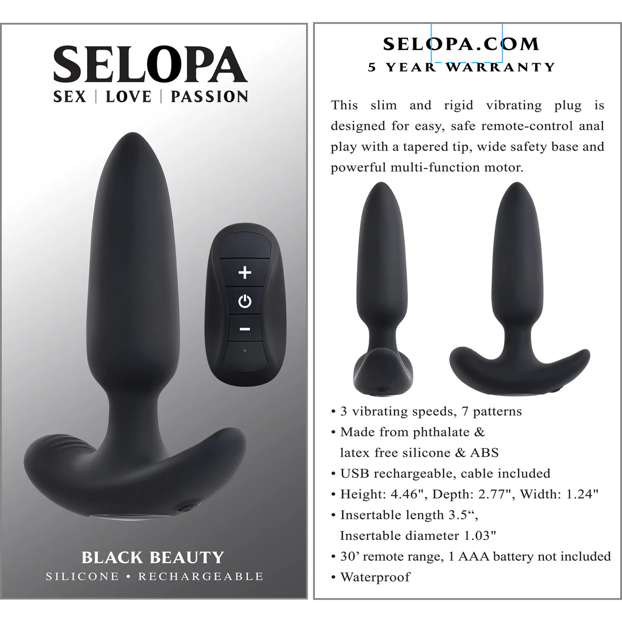 Selopa Black Beauty Rechargeable Waterproof Silicone Vibrating Butt Plug With Remote - Image 13