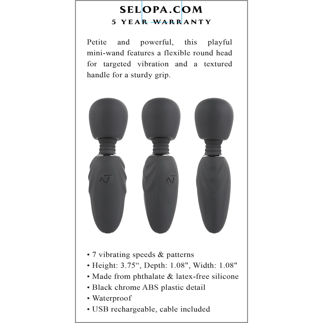Selopa Buzz One Out Rechargeable Waterproof Silicone Mini Wand Vibrator - Black - Image 9