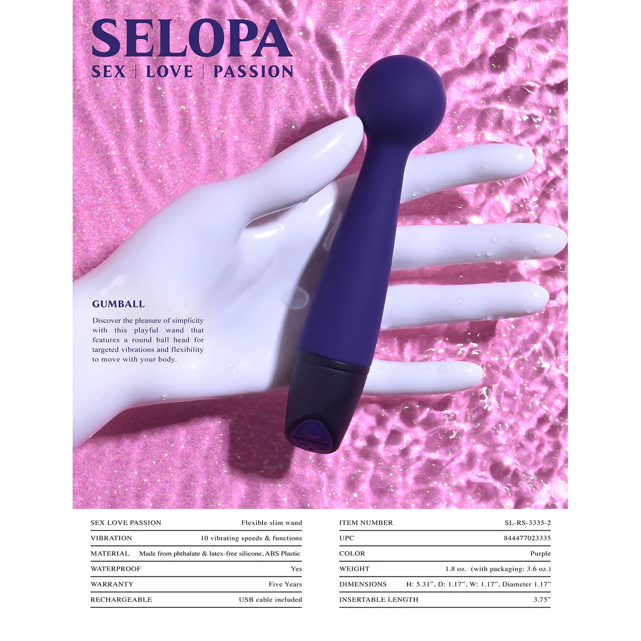 Selopa Gumball Rechargeable Waterproof Silicone Wand Style Vibrator - Purple - Image 7