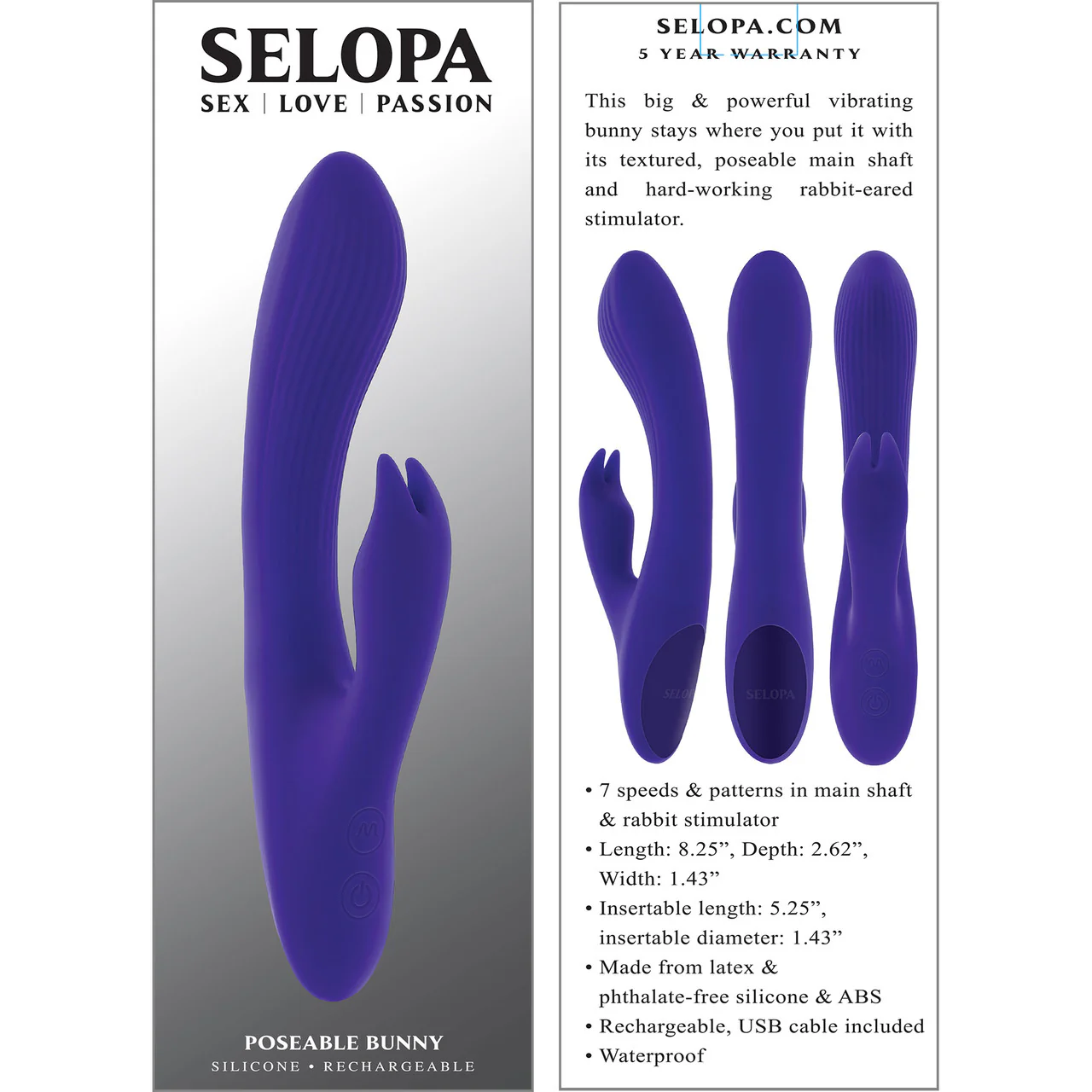 Selopa Poseable Bunny Silicone Rechargeable Waterproof Rabbit Style Vibrator - Purple - Image 8