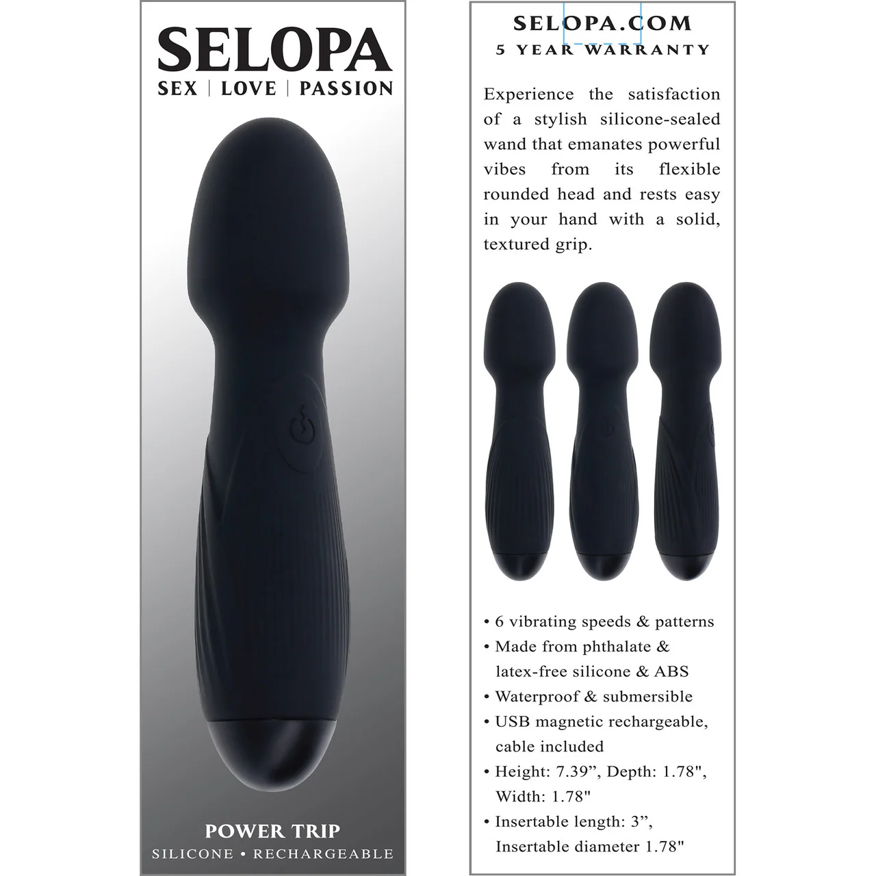 Selopa Power Trip Rechargeable Waterproof Silicone Wand Style Vibrator - Black - Image 9
