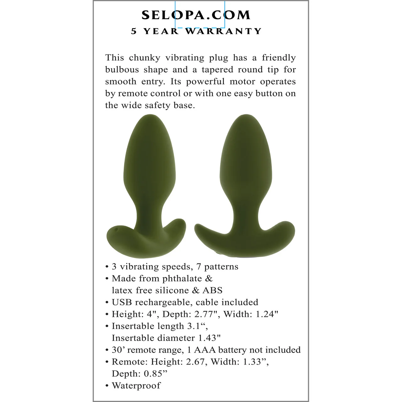 Selopa The Colonel Silicone Rechargeable Waterproof Vibrating Butt Plug With Remote - Green - Image 11