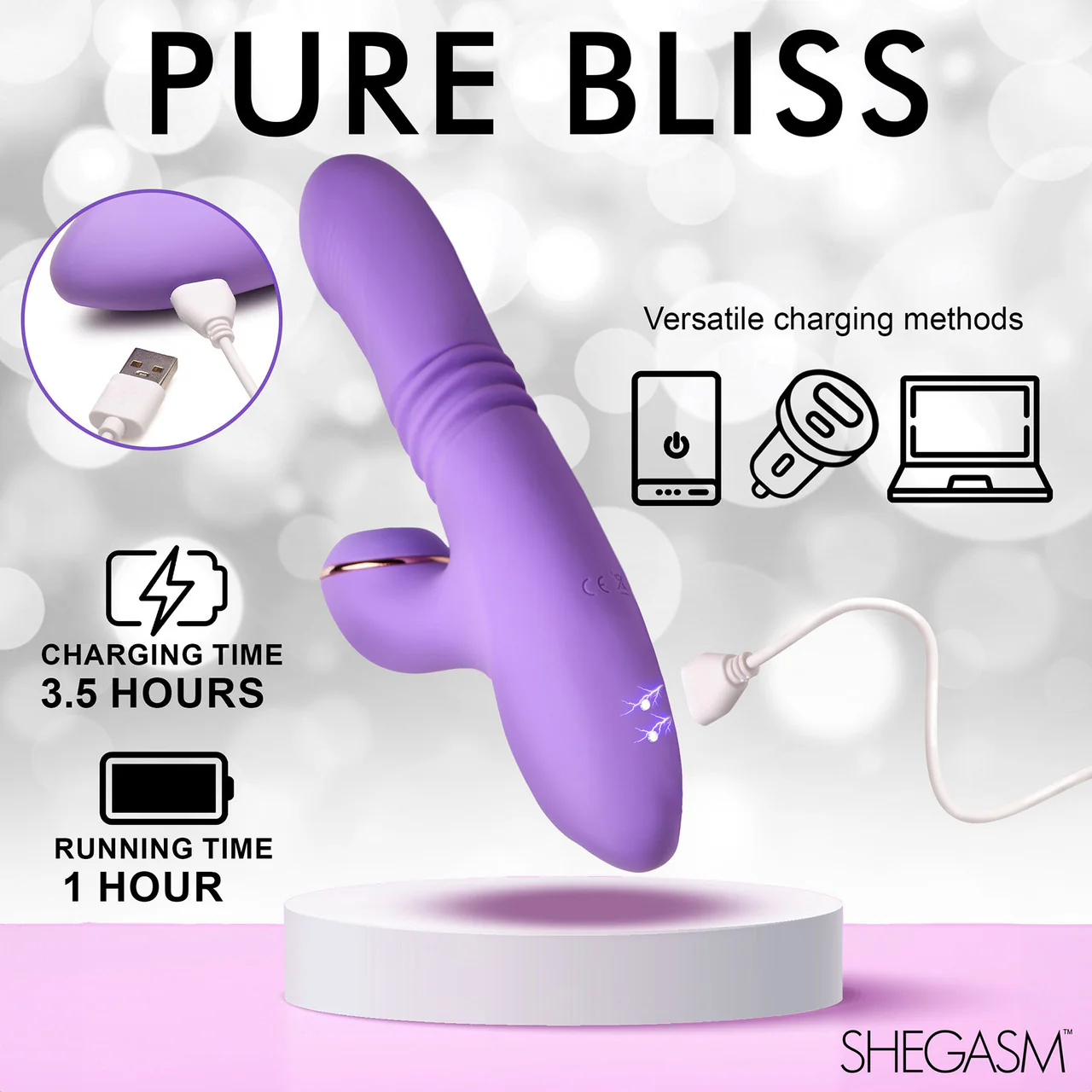 Shegasm Pro-Thrust Max Rechargeable Silicone Thrusting Warming Pulsing Rabbit Vibrator - Purple - Image 11