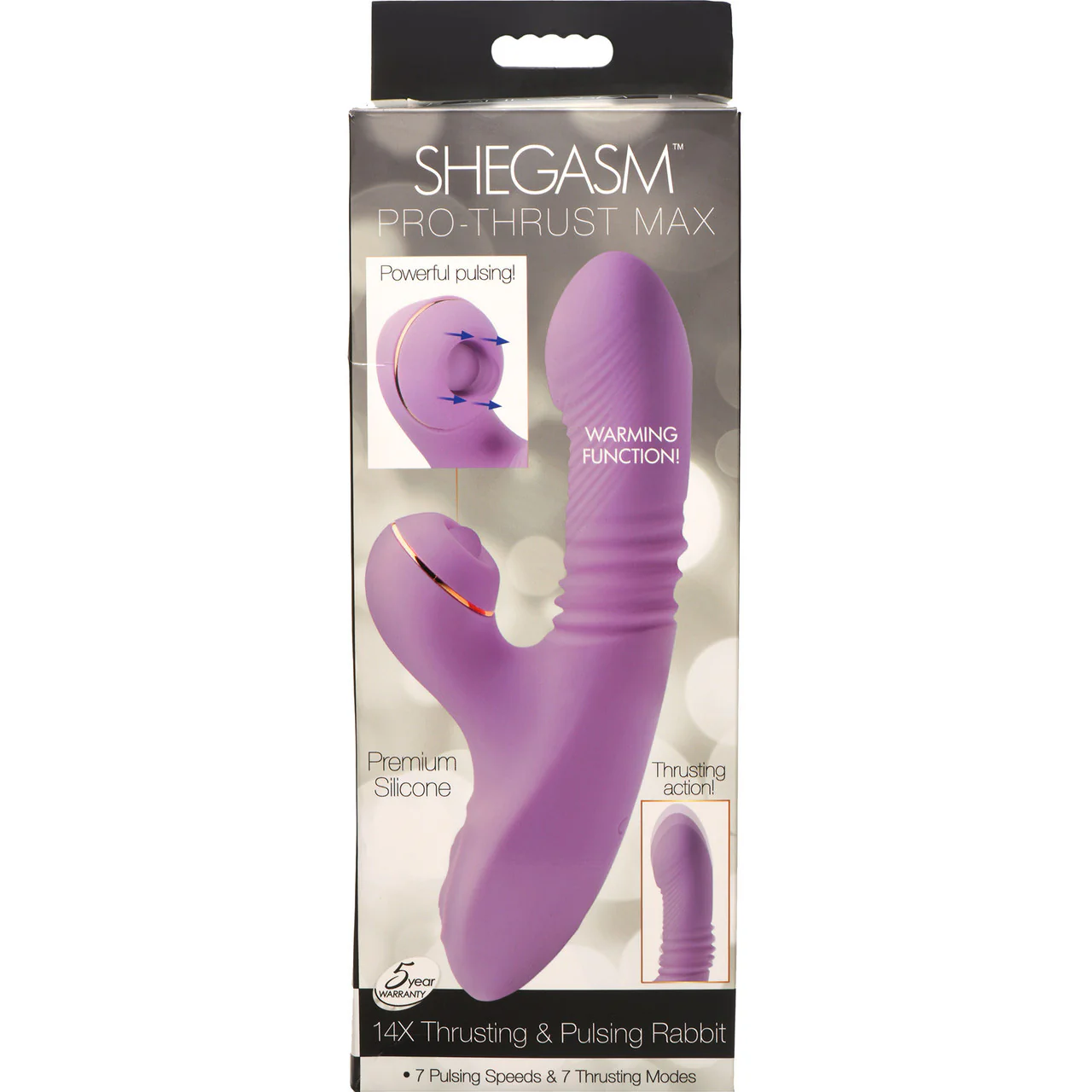Shegasm Pro-Thrust Max Rechargeable Silicone Thrusting Warming Pulsing Rabbit Vibrator - Purple - Image 16