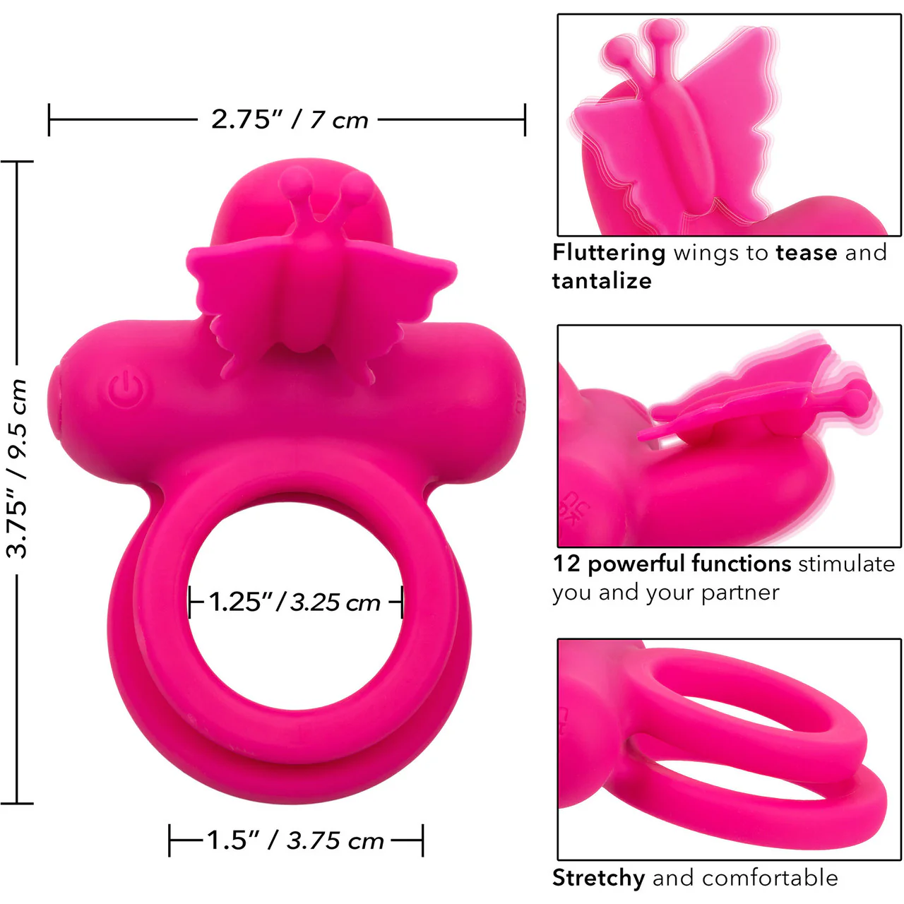 Silicone Rechargeable Dual Butterfly Couples Vibrating Cock Ring By CalExotics - Pink - Image 10