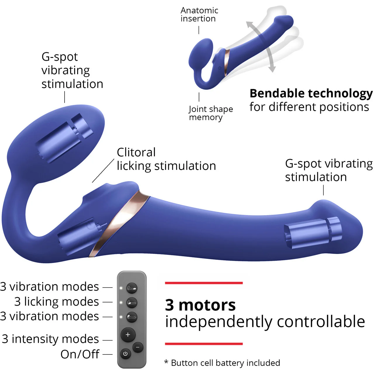 Strap-on-Me Multi Orgasm Silicone Vibrating 3 Motor Remote Strapless Strap-On, Large - Night Blue - Image 4