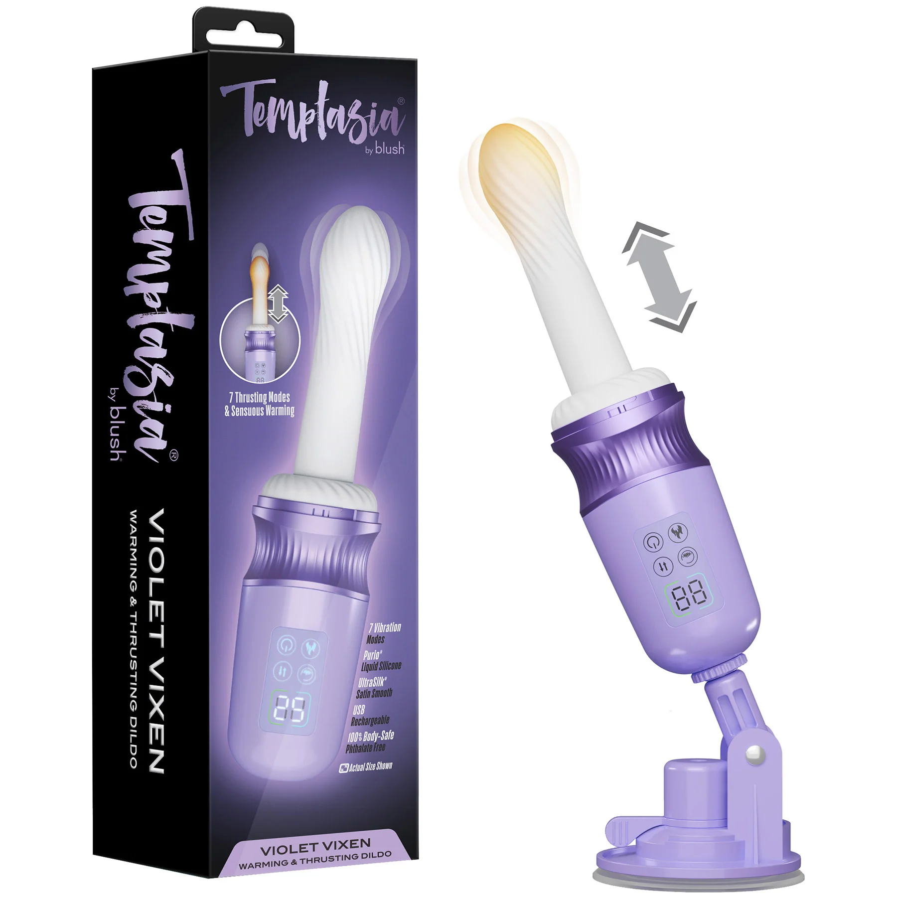 Temptasia Violet Vixen Warming & Thrusting Silicone Vibrating Dildo With Suction Cup Mount