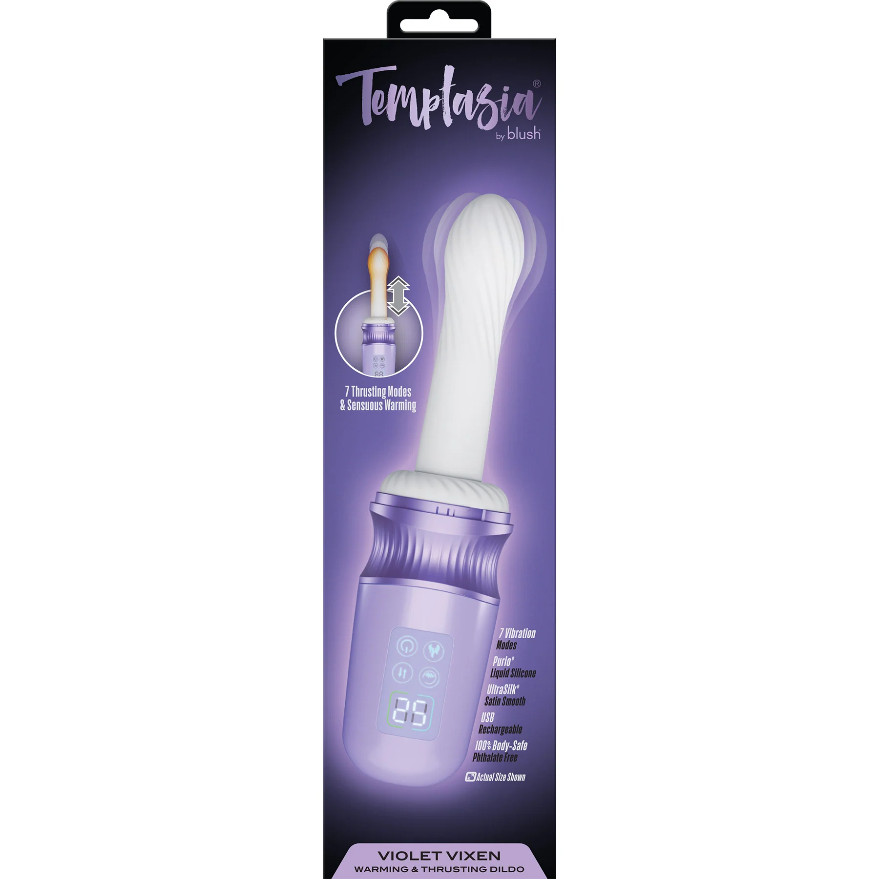 Temptasia Violet Vixen Warming & Thrusting Silicone Vibrating Dildo With Suction Cup Mount - Image 15