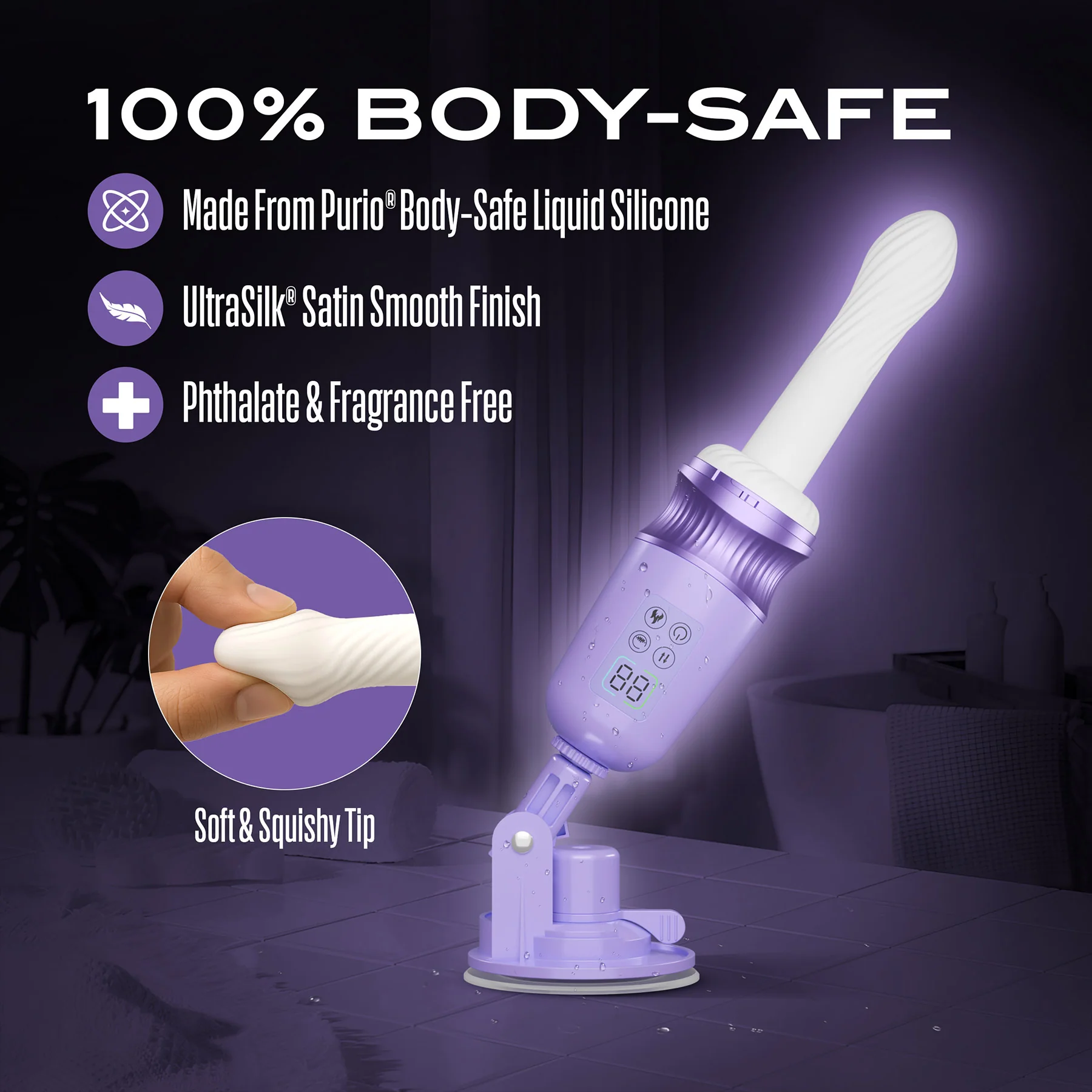 Temptasia Violet Vixen Warming & Thrusting Silicone Vibrating Dildo With Suction Cup Mount - Image 6